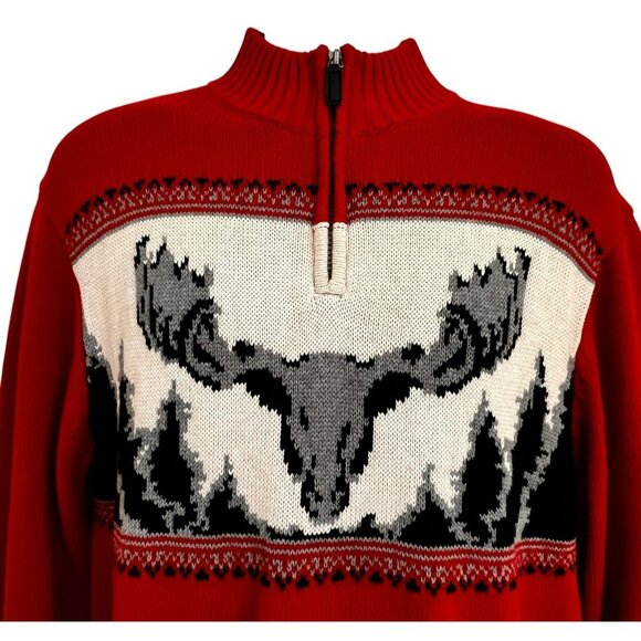 Chaps Ralph Lauren Men 1/4 Zip Moose Sweater Mock Neck Red Black L Cabincore - Picture 3 of 14